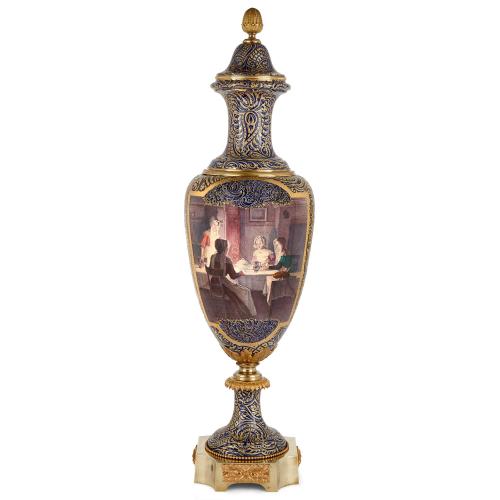 Large Sevres style gilded and painted porcelain vase