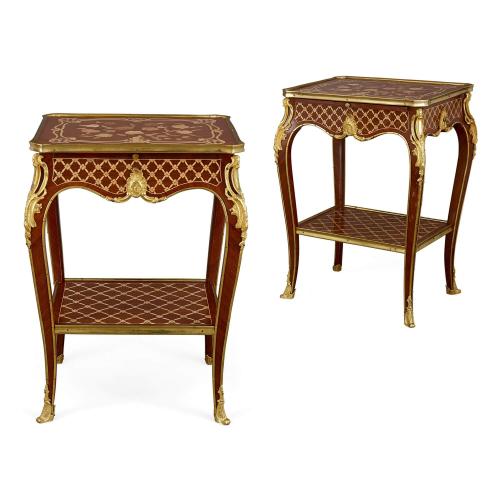 A pair of Louis XV style ormolu, marquetry, and parquetry tables