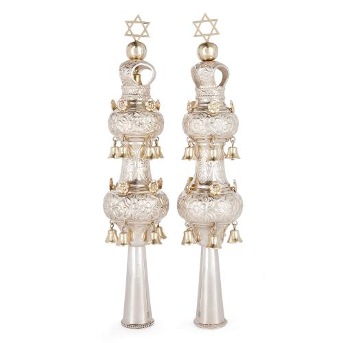 Pair of very fine silver gilt Torah finials by Moses Salkind