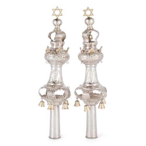 Pair of fine English silver and silver gilt torah finials or rimonim