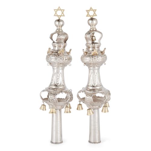 Pair of fine English silver and silver gilt torah finials or rimonim