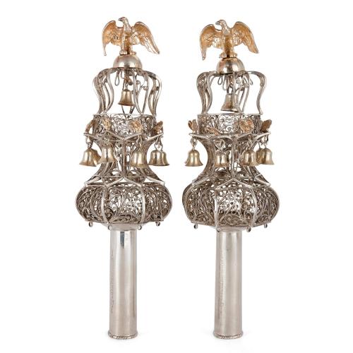 Pair of antique English silver Judaica Torah finials or Rimonim