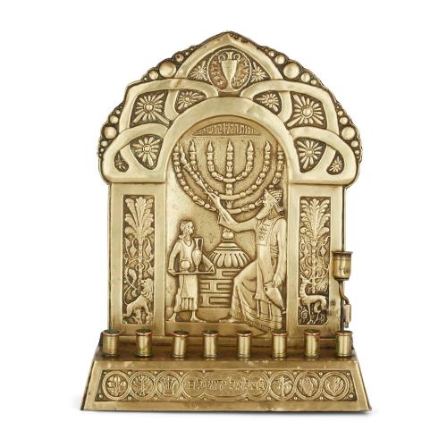 Early 20th century antique brass Menorah by Bezalel, Jerusalem 