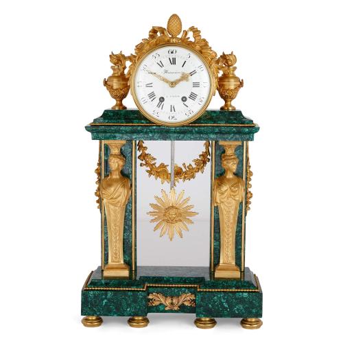 Large and rare ormolu mounted malachite mantel clock by Manière