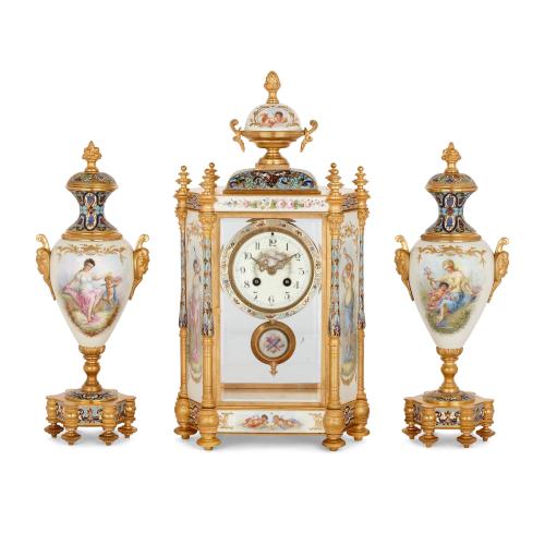Large porcelain, champlevé enamel and ormolu three piece clock set