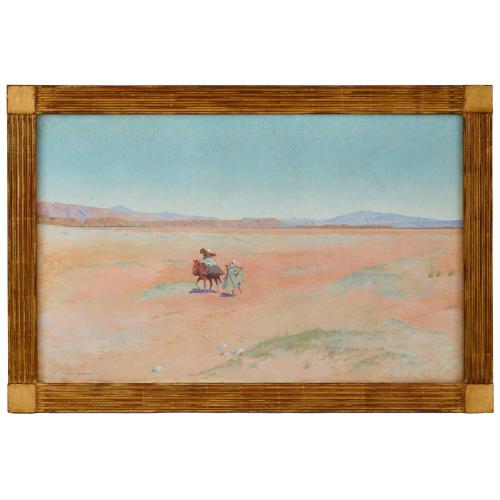 A large Orientalist painting of a desert scene by C. J. Theriat