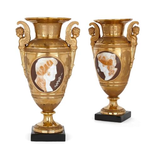 Pair of large Empire style gilt-porcelain cameo vases