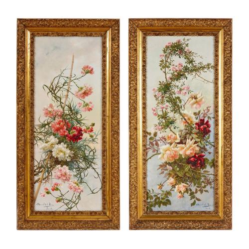 Pair of large oil on canvas still life paintings of flowers