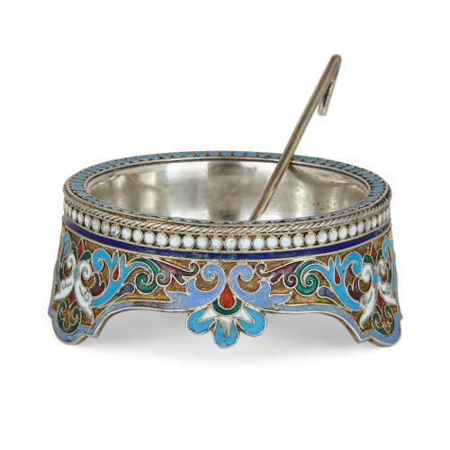 A silver gilt and cloisonne enamel Russian open salt and spoon