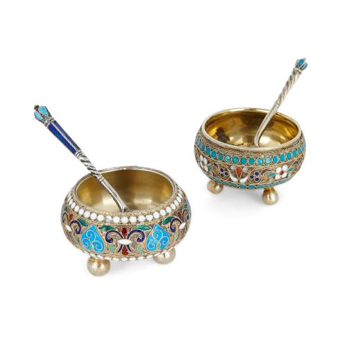 Two silver-gilt and cloisonné enamel Russian salts with spoons