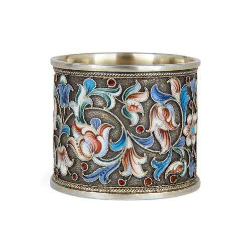 A silver gilt and cloisonne enamel Russian napkin ring