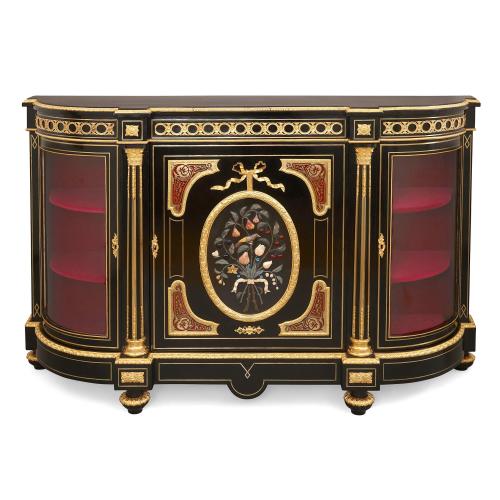 Hardstone and Boulle mounted ebonised wood credenza