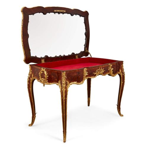 Large ormolu mounted marquetry vitrine table by François Linke