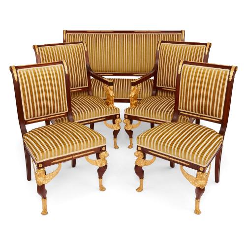 Antique Empire style mahogany and ormolu five-piece salon suite