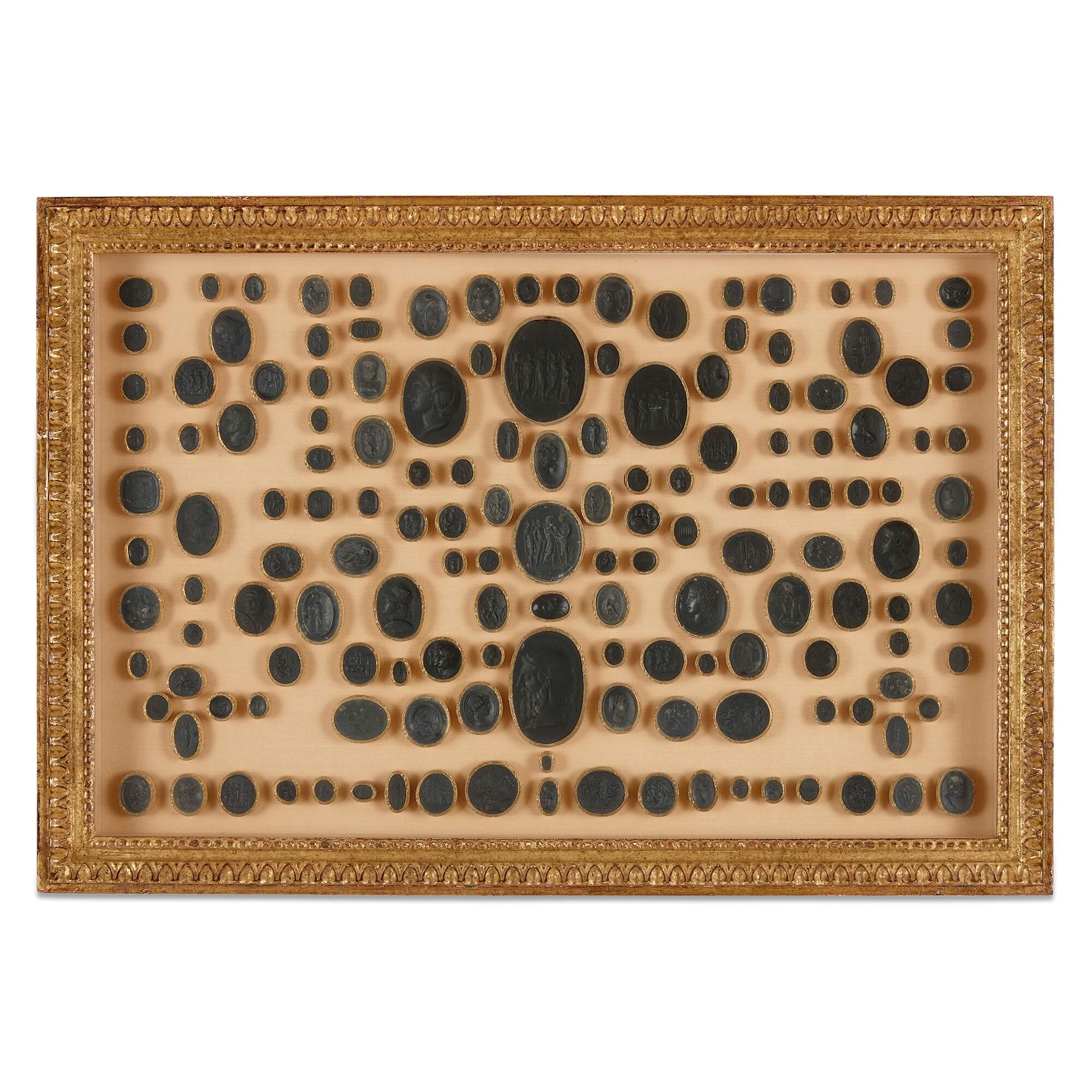 Three framed sets of Italian Classical gilt intaglio molds Mayfair