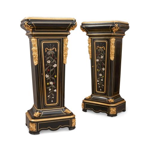 Pair of Napoleon III hardstone and ebonised wood pedestal cabinets