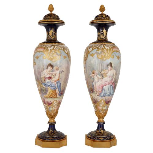 Pair of large Sèvres style ormolu mounted porcelain vases