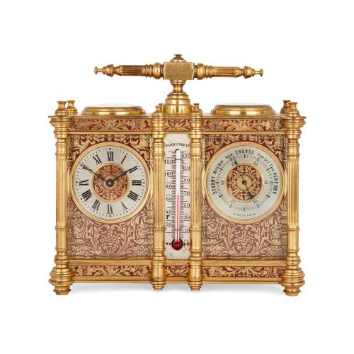 French brass and enamel compendium carriage clock and barometer