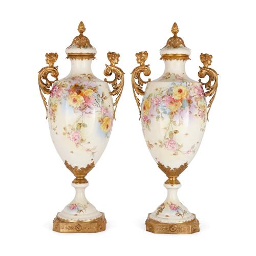 Pair of large Gilt-metal mounted Sèvres style porcelain vases