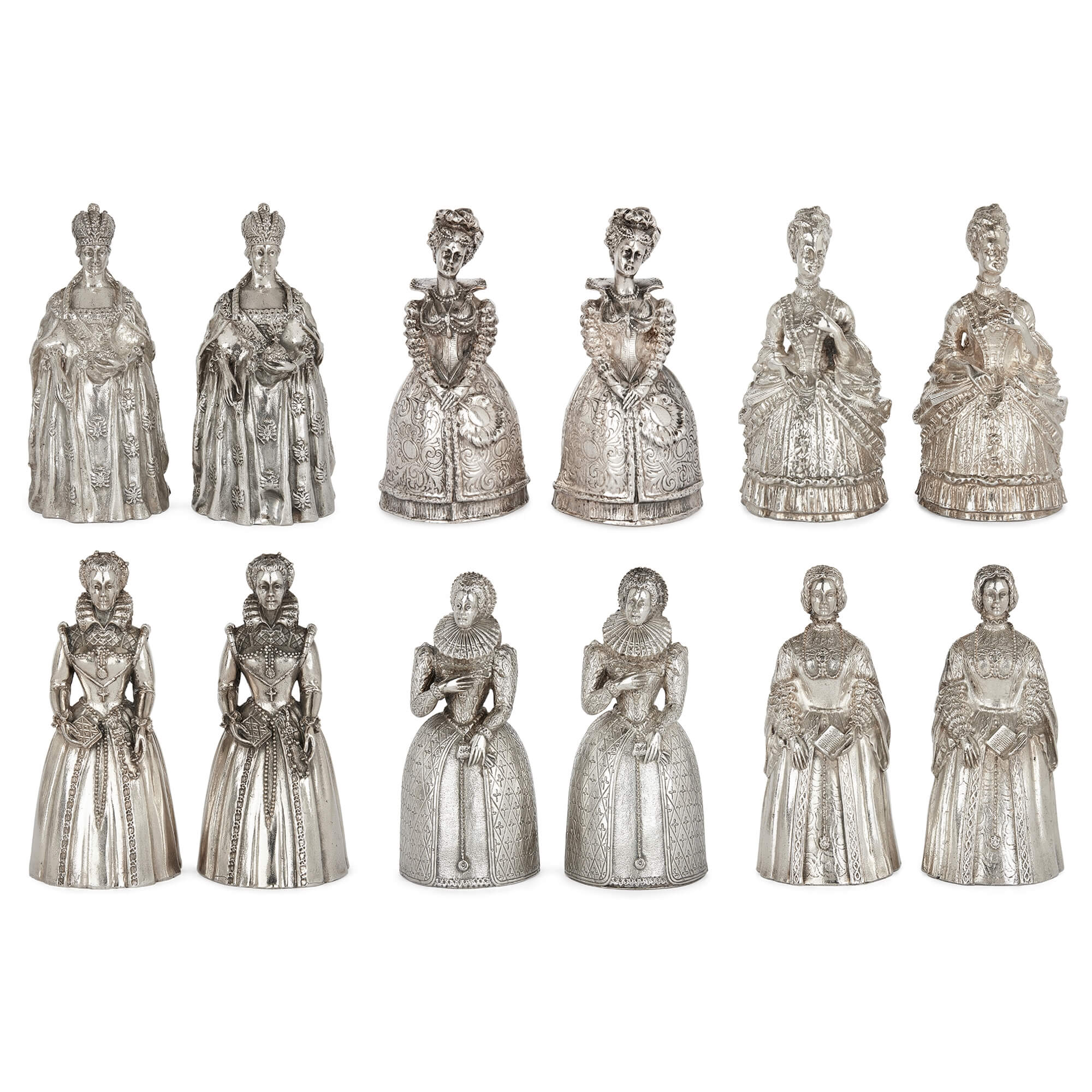 Set of twelve silver-plated bronze Queen hand bells by Gorham For