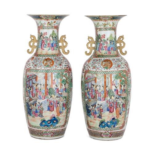 Pair of large Canton style famille rose porcelain vases