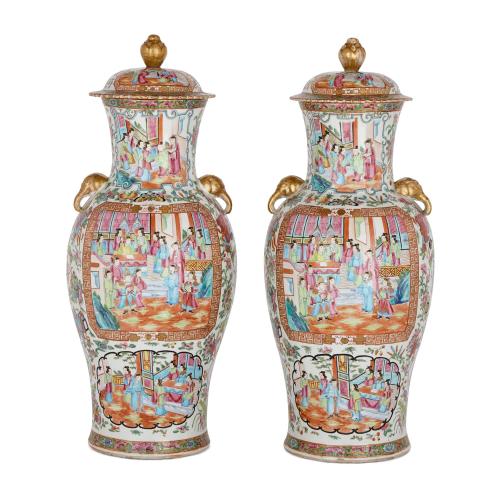 Pair of large Canton famille rose porcelain vases and covers