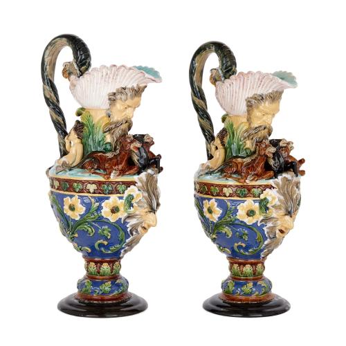 Pair of large Bohemian majolica ewers by W. Schiller & Sons