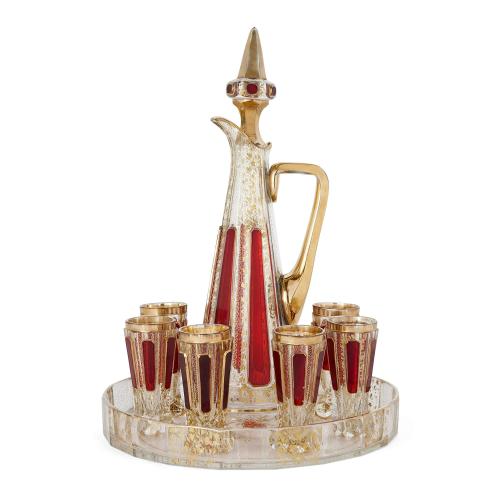 Bohemian 19th century glass liqueur set with red and gold overlay