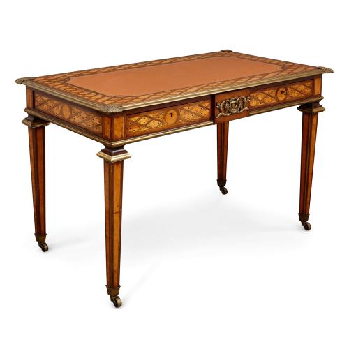 Antique parquetry, ormolu and leather desk by Donald Ross