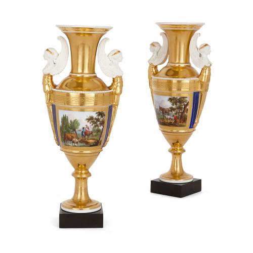 Pair of Neoclassical Paris porcelain two-handled oviform vases