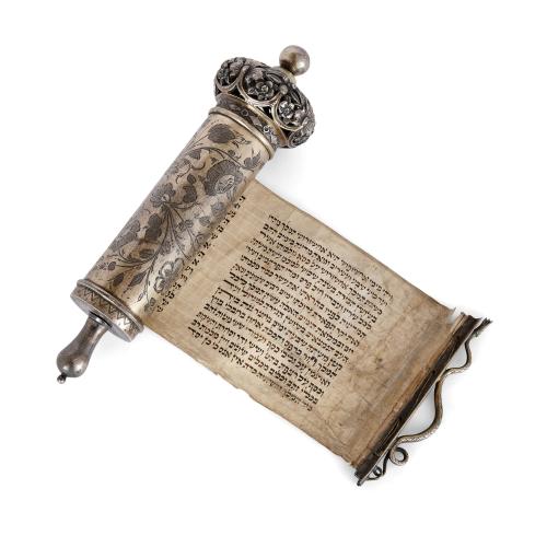 Large Judaica Russian silver Megillah case and scroll