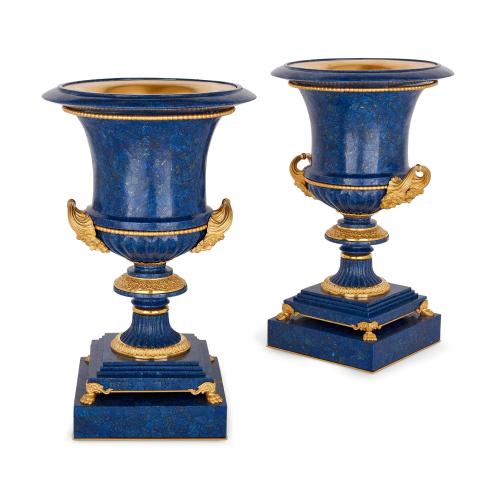 Pair of lapis and ormolu mounted 'Medici' vases after Galberg
