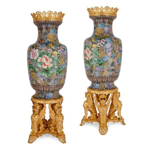 Pair of large ormolu mounted Chinese cloisonné enamel vases