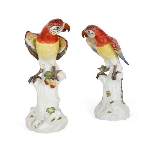 Pair of large Meissen porcelain models of parrots