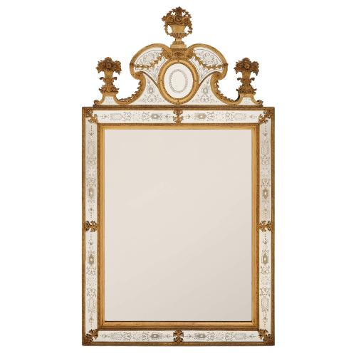 Large Swedish gilt metal and engraved glass mirror after Precht