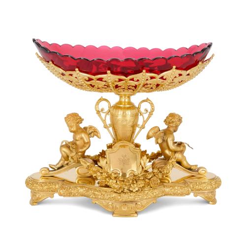 Gilded centrepiece bowl with red and clear glass by Elkington