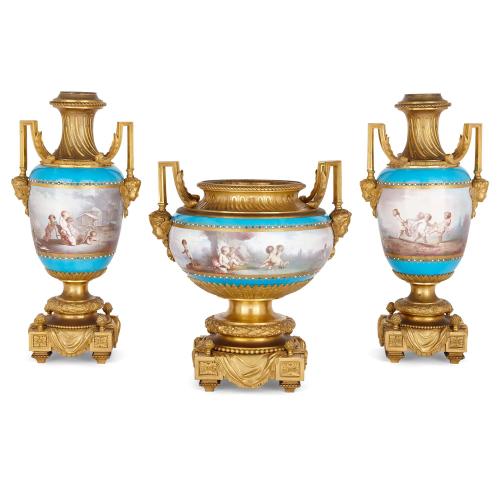 Ormolu and Sèvres style porcelain three-piece garniture set