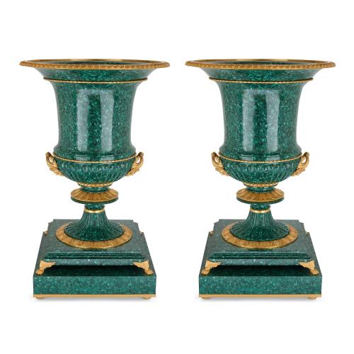 Pair of very large and impressive malachite and ormolu vases
