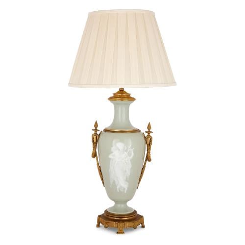 Ormolu mounted celadon porcelain pâte-sur-pâte vase lamp