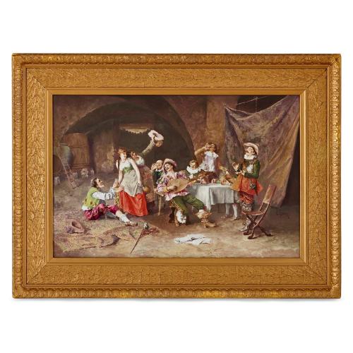 Large antique painted porcelain plaque of a musical party scene