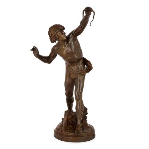 Large patinated bronze sculpture of Actaeon, by Emile Laporte