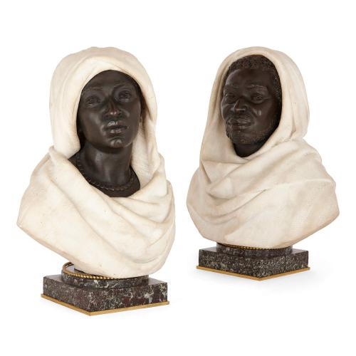 Pair of Italian bronze and white marble mounted Orientalist busts