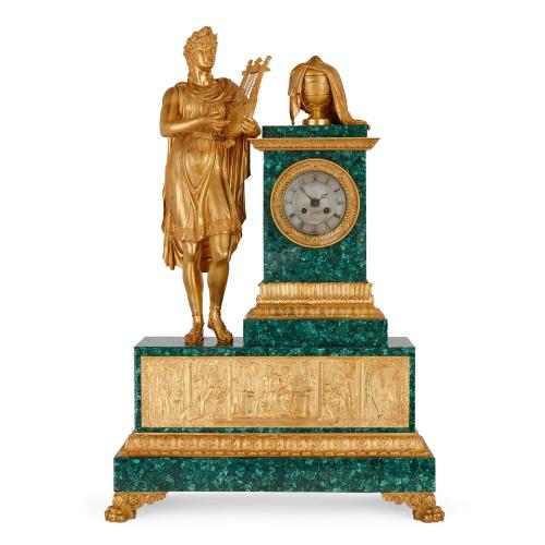 Impressive French Empire period ormolu and malachite mantel clock