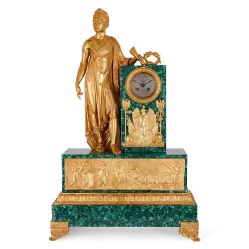 Very fine French Empire period ormolu and malachite mantel clock