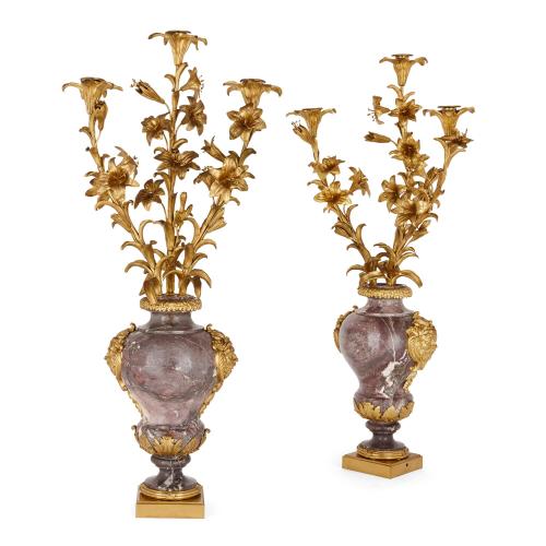 Pair of large Louis XV style ormolu and marble candelabra by Bazart