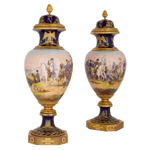 Pair of large Sèvres-style porcelain and ormolu Napoleonic vases