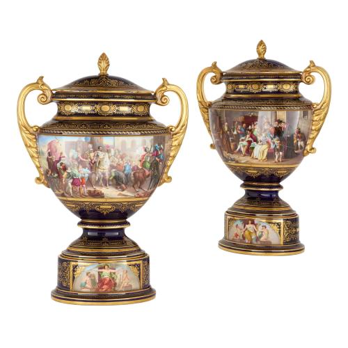 Pair of large antique Royal Vienna porcelain vases with lids 