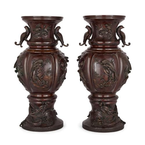 Pair of very fine, large, Meiji period patinated bronze baluster vases