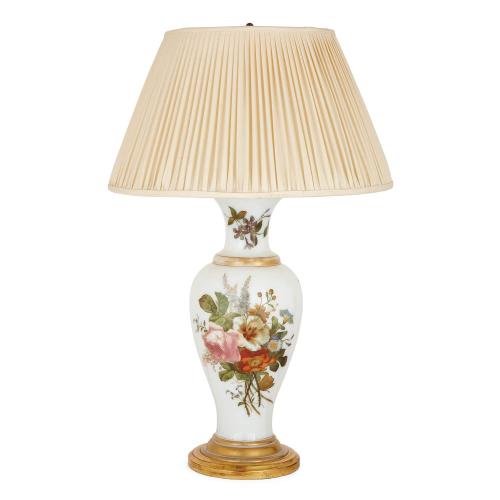 One opaline glass vase-form lamp with floral decoration by Baccarat