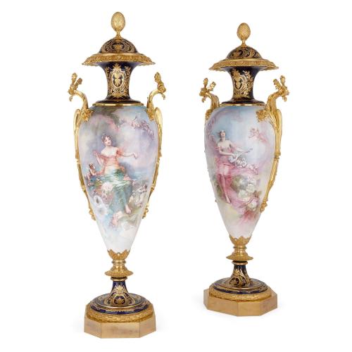 Pair of very large Sèvres style porcelain and ormolu vases